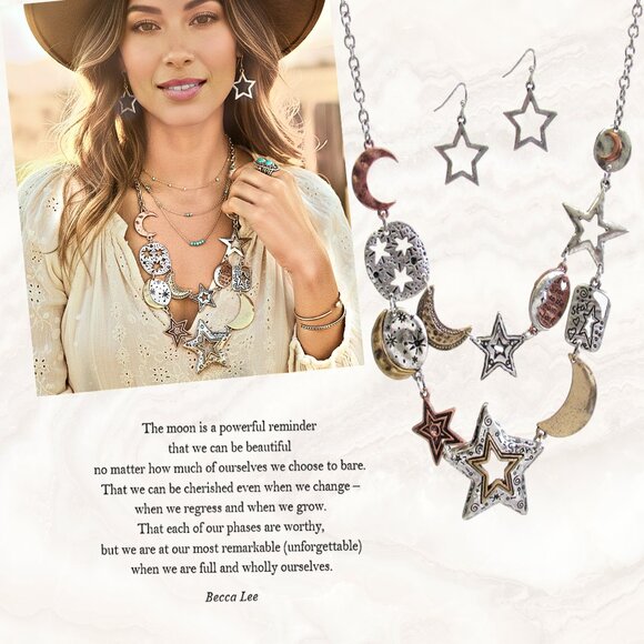 NEW I Love You To The Moon & Back Stars Silver Tri-Color Necklace & Earrings SET - Picture 1 of 7
